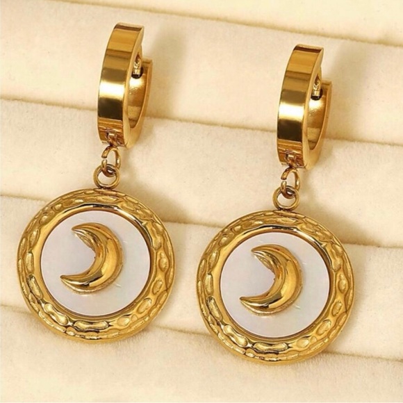 “Mother of Pearl Crescent Moon” Rainbow Iridescent Celestial Gold Steel Hoops - Picture 8 of 17